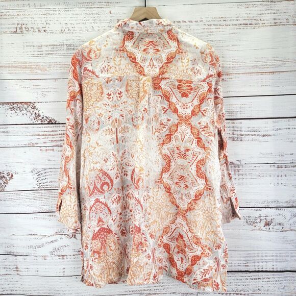 Chicos Womens 3 16/18 Shirt Medallion Print Linen Tunic Lagenlook Coastal Beachy - Picture 7 of 8